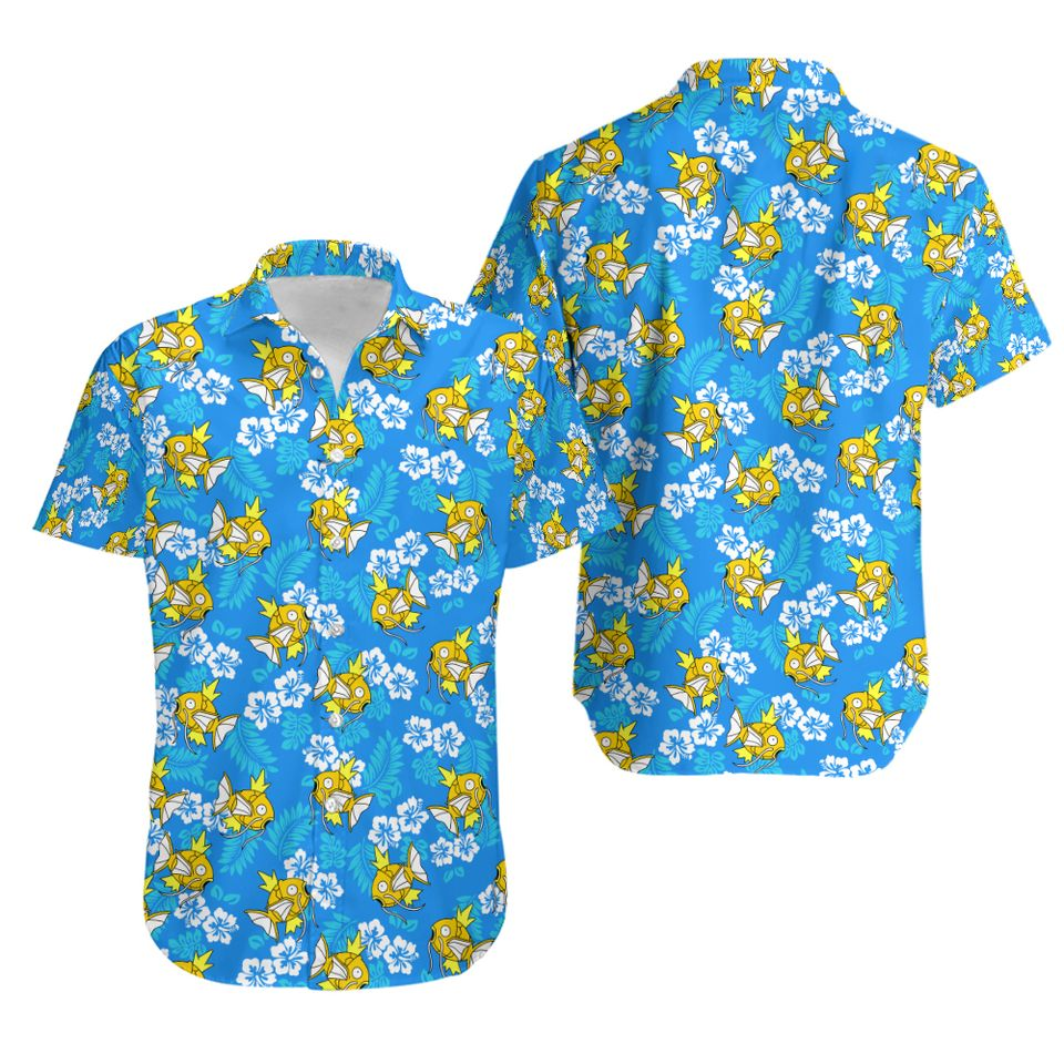 NoClaws Pokemon Hawaii Shirt Pokemon Magikarp Hibiscus Flowers Pattern Aloha Shirt Blue Unisex