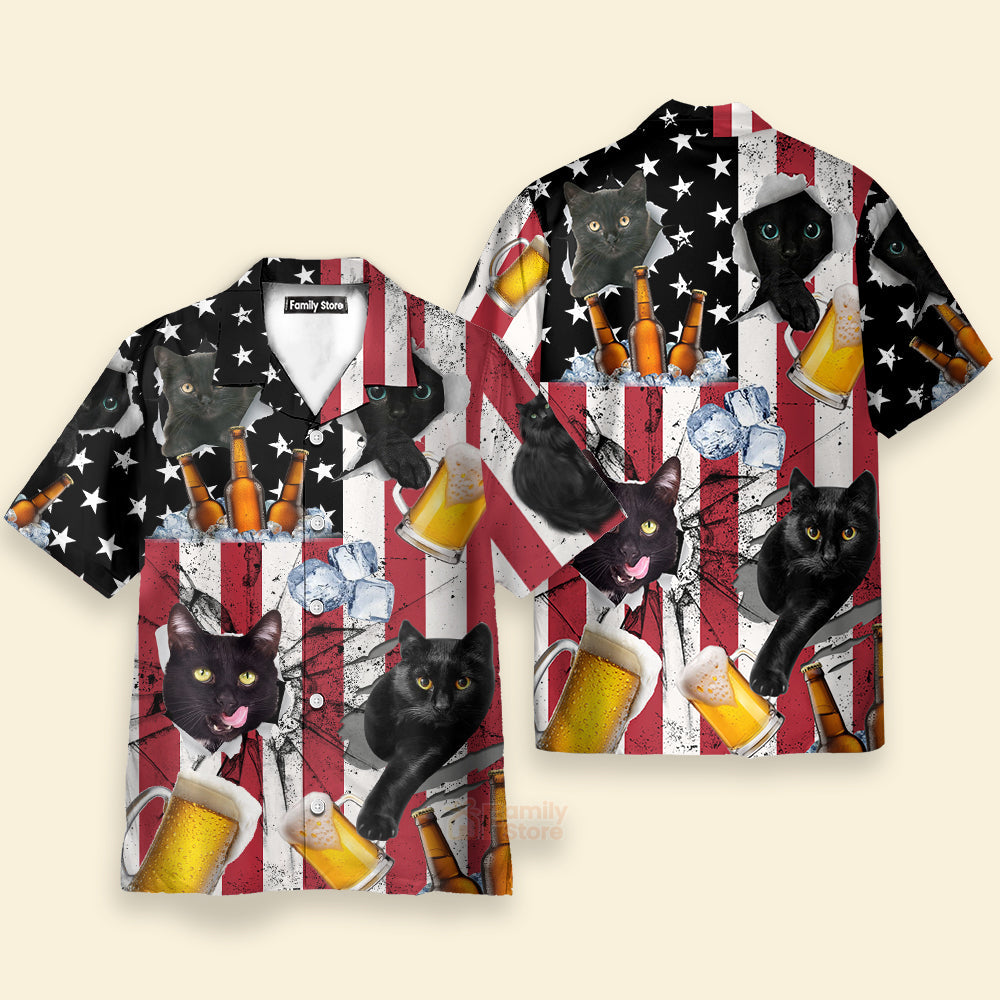 Beer And Black Cat American Flag Vintage - Hawaiian Shirt