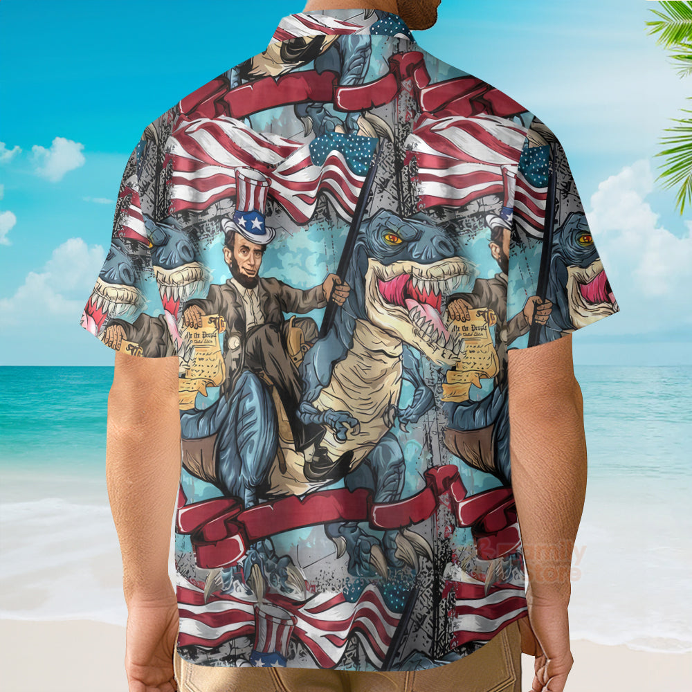 Flag Dinosaur Chest Pocket Short Sleeve Casual Shirt Hawaiian Shirt