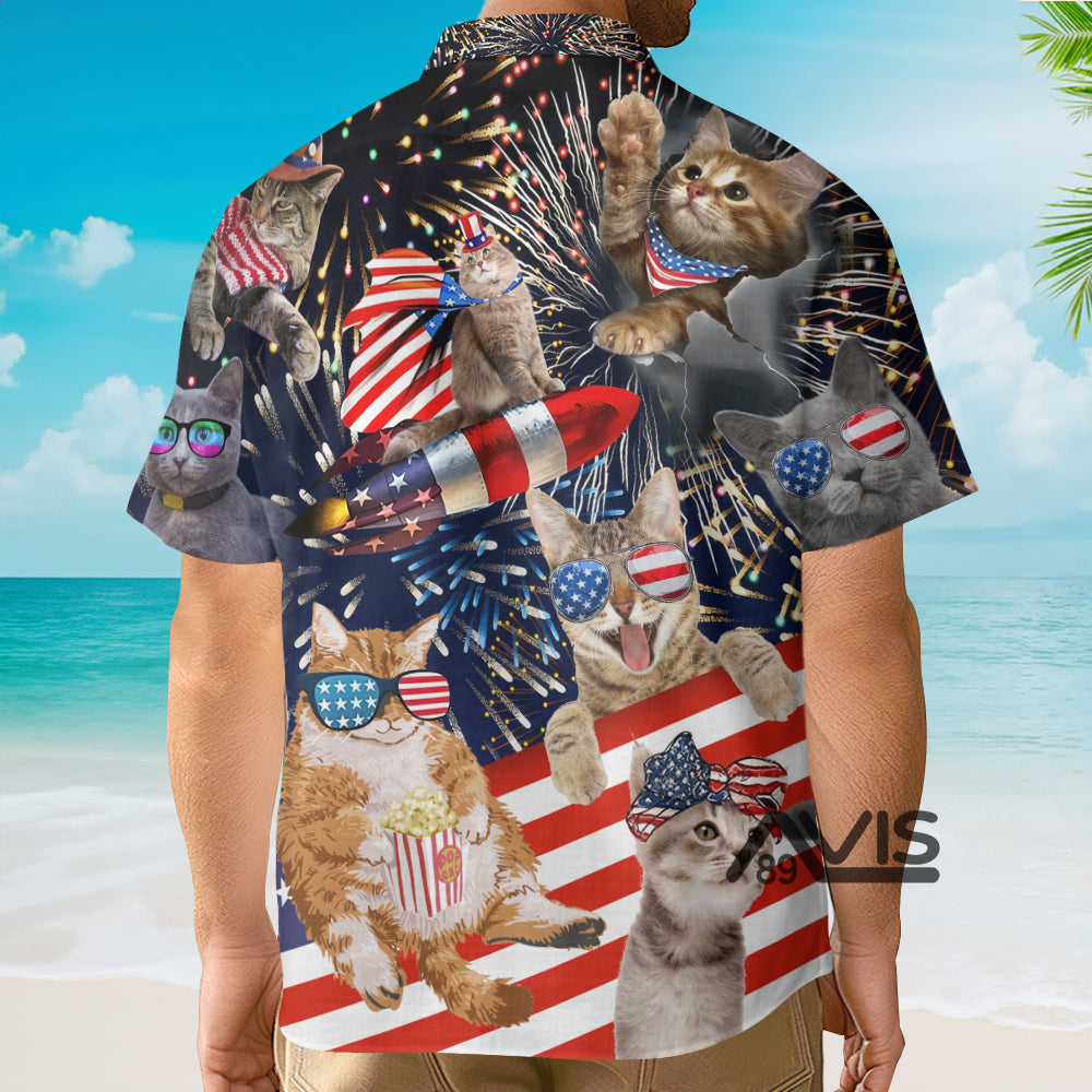 Cat Independence Day Happy Firework - Hawaiian Shirt