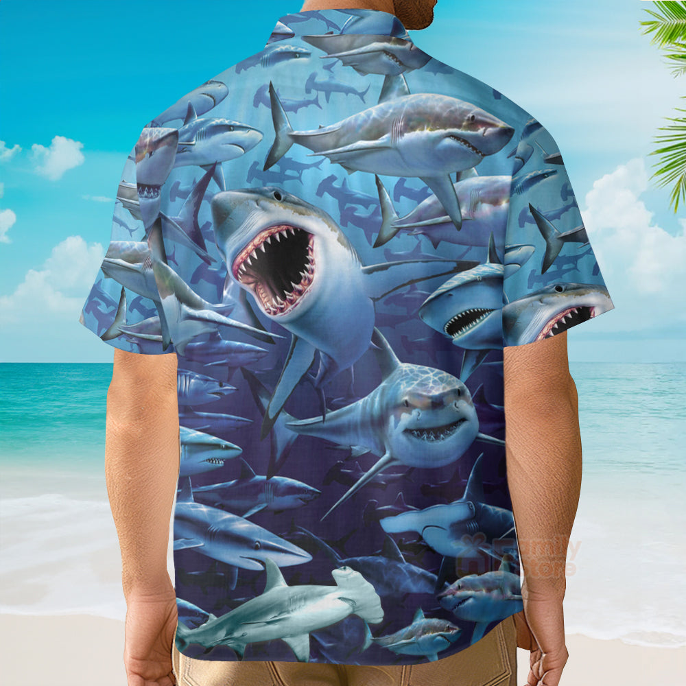Shark Family Hunting Together Hawaiian Shirt
