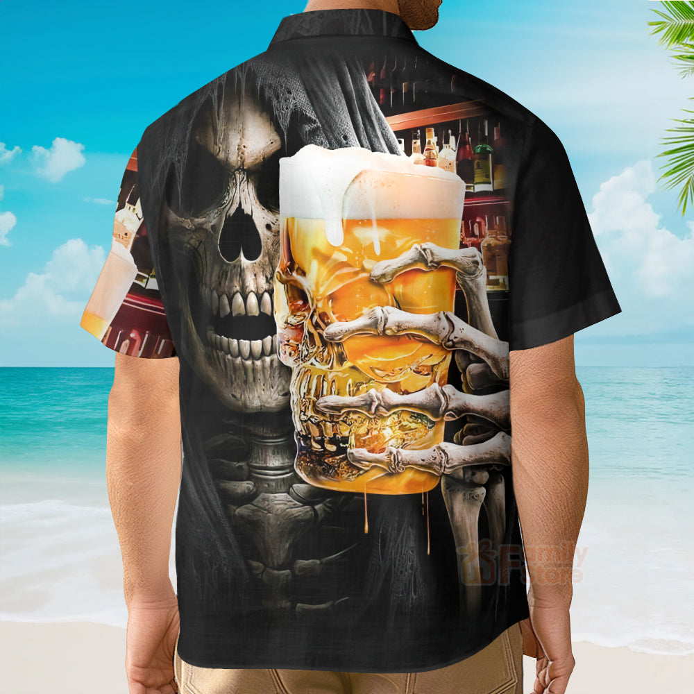 Skeleton Drinking Beer Chest Pocket Short Sleeve Casual Hawaiian Shirt