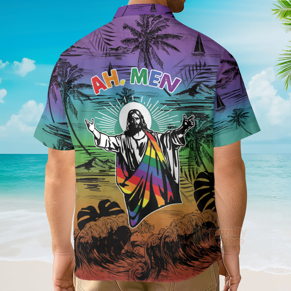 Ah Men Funny Jesus Lgbt Pride Aloha Hawaiian Shirt