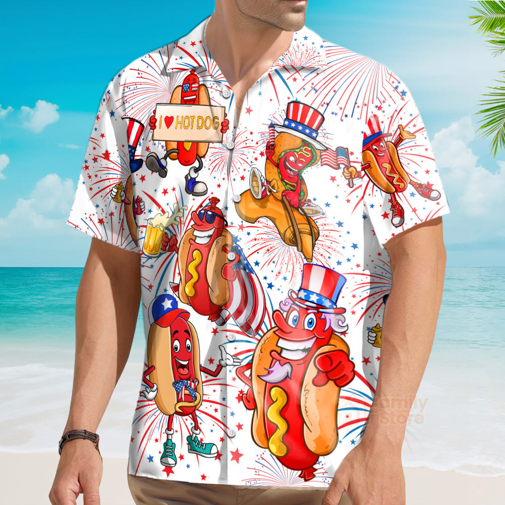 Independence Day 4th of July Funny Hot Dog American Flag Aloha - Hawaiian Shirts