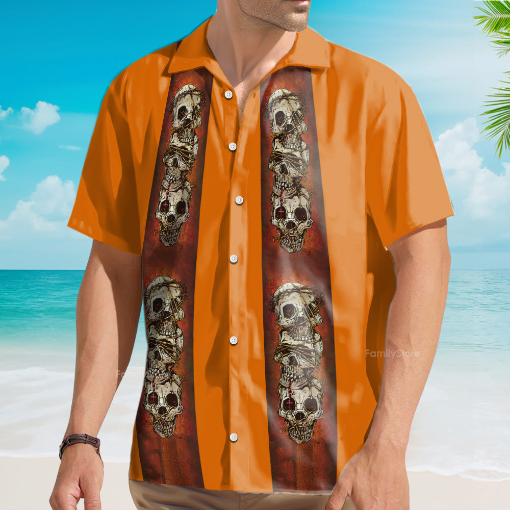 Retro Orange Striped Skull Skewers Hawaiian Shirt