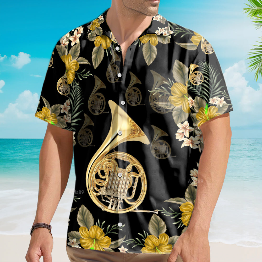 French Horn Black Music Instrument - Hawaiian Shirts