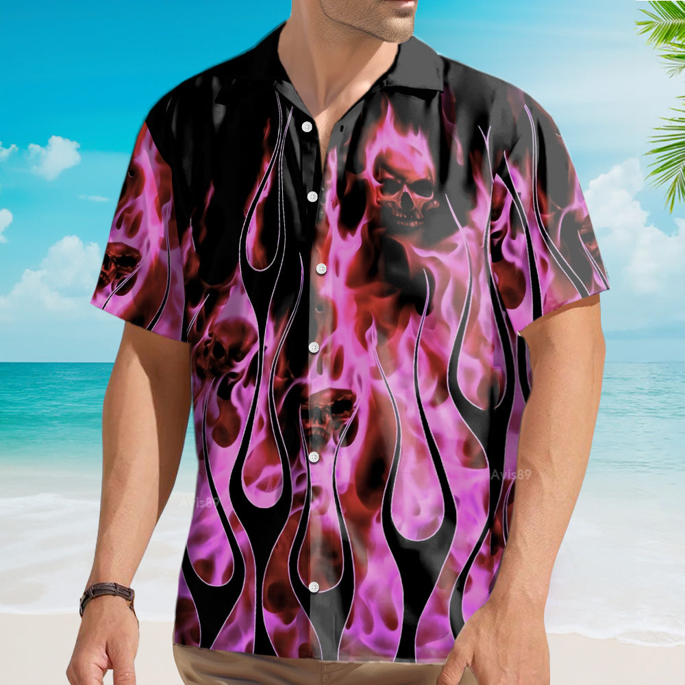 Casual Light Pink Flame Skull Print Aloha Shirt