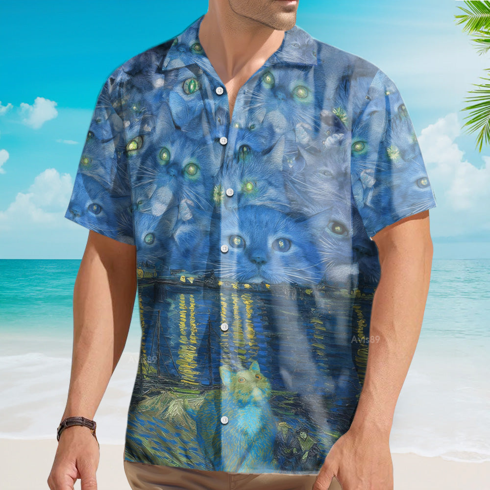 Cat Starry Night Art - Gift For Men And Women - Hawaiian Shirt
