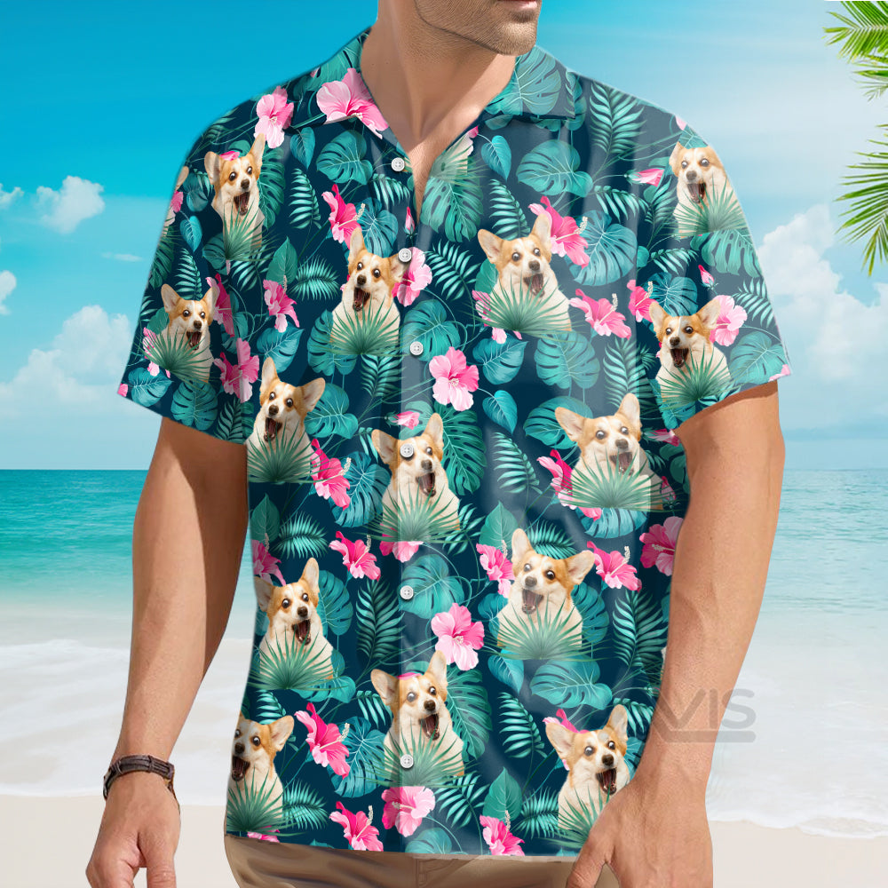 Custom Photo Dog Face Floral Leaves Tropical Pattern - Gift For Dog Lovers - Hawaiian Shirt
