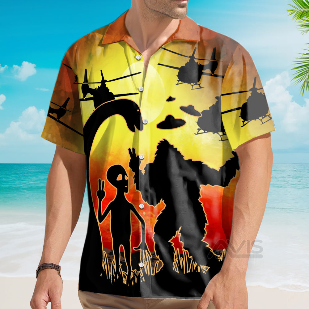 Bigfoot Alien And Helicopter - For Men And Women - Hawaiian Shirt