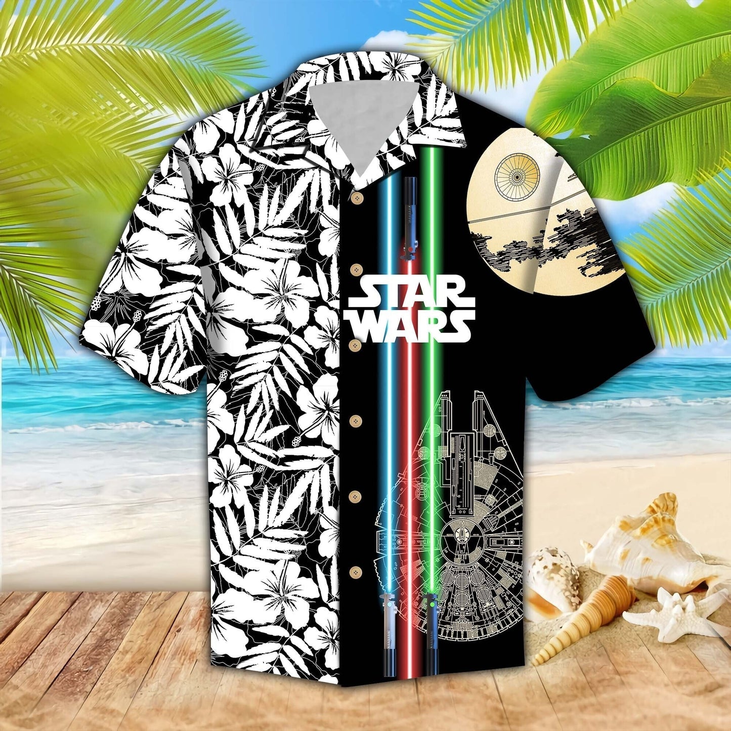 SW Hawaiian Shirt Millennium Falcon Death Star Light Saber Tropical Black Hawaii Aloha Shirt