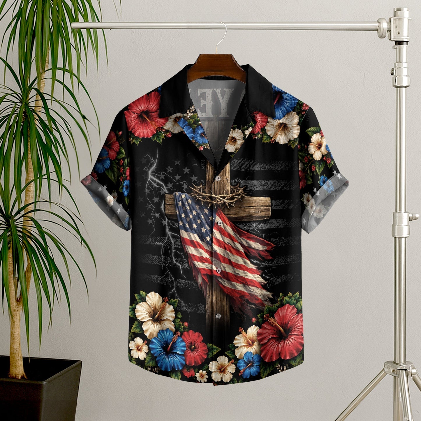Christian Under God Cross US Flag 1776 2026 Floral Hawaiian Shirt - Patriotic Gift For Him
