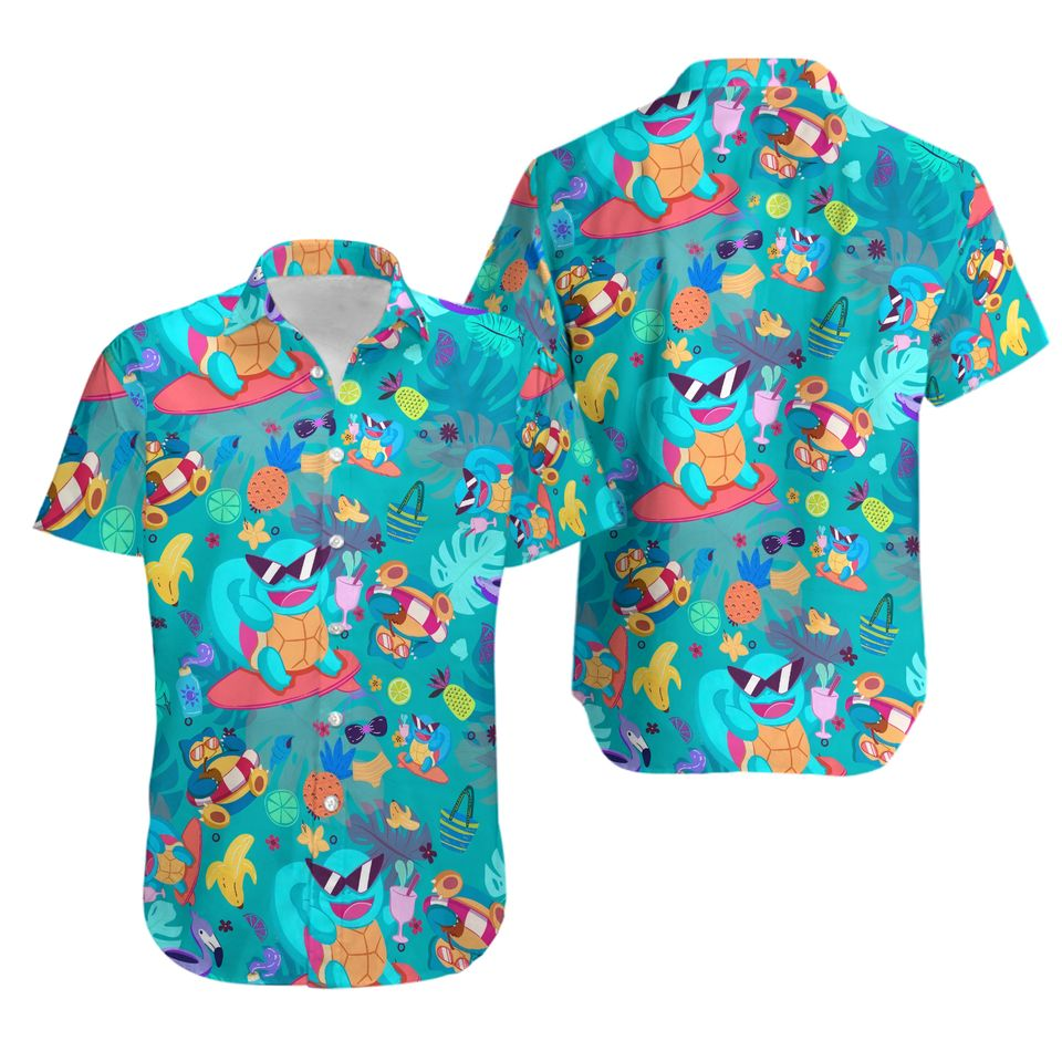 NoClaws Pokemon Hawaii Shirt Pokemon Squirtle Summer Items Pattern Aloha Shirt Blue Unisex