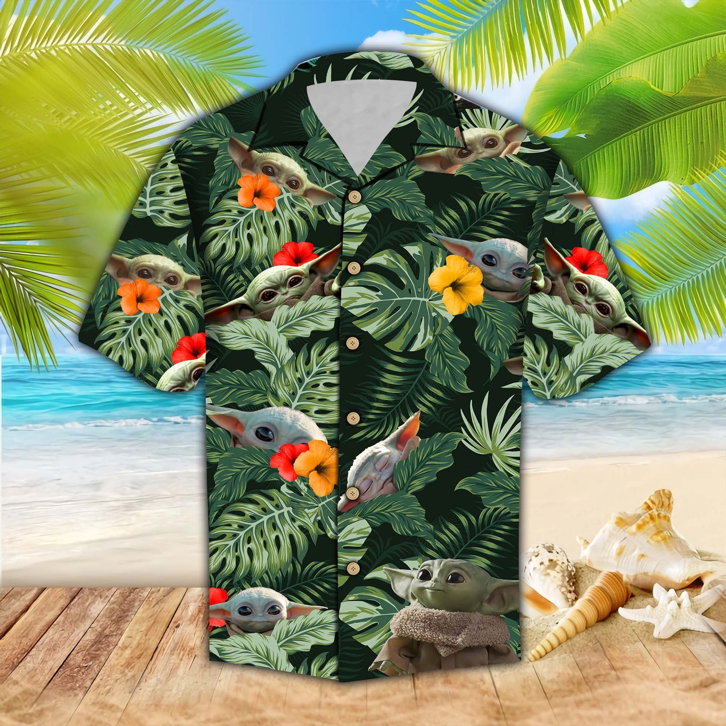 SW Hawaiian Shirt Baby Yoda Grogu Hibiscus Flower Tropical 3d Green Hawaii Aloha Shirt