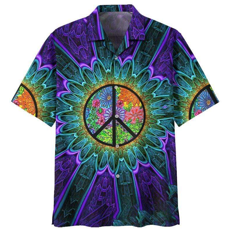 Hippie Shirt Peace Symbol Sunflower Green Blue Hawaii Aloha Shirt