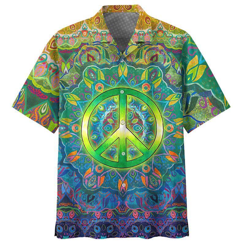 Hipppie Shirt Hippie Peace Symbol Leaves Green Blue Hawaiian Aloha Shirt
