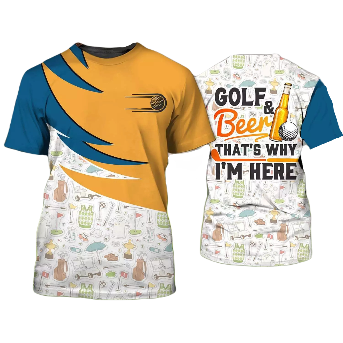 Golf T-shirt Golf And Beer Thatβs Why Iβm Here T-shirt White Yellow Unisex
