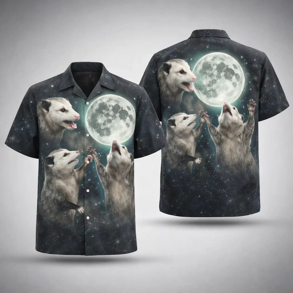 Opossum Moon Hawaiian Shirt, Funny Space Animal Aloha Shirt, Cute Night Sky Shirt