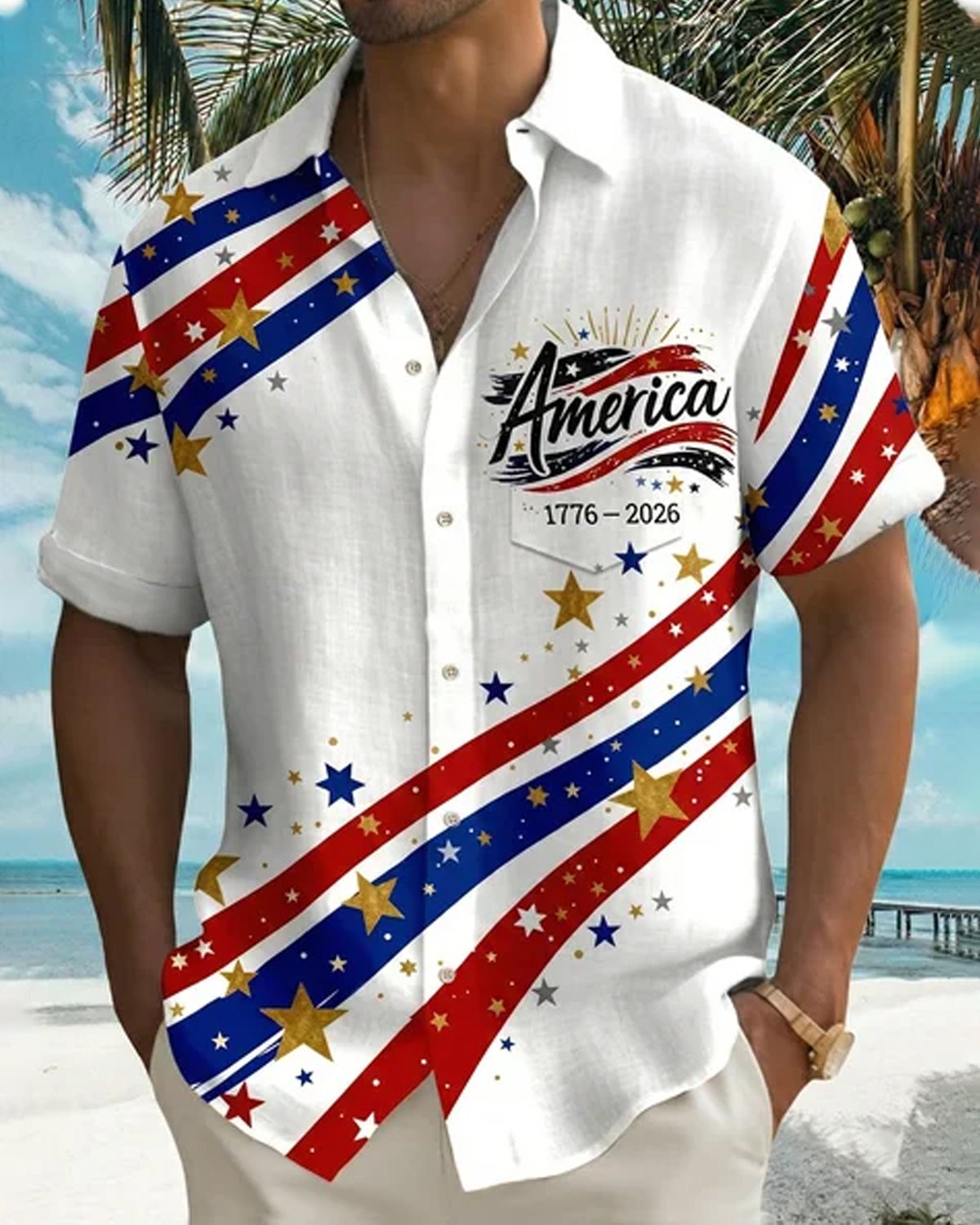 Alohadaddy® Men's Holiday Patriotic America 250th Anniversary 1776-2026 Stars Stripes Retro Print Button Down Short-Sleeve Big & Tall