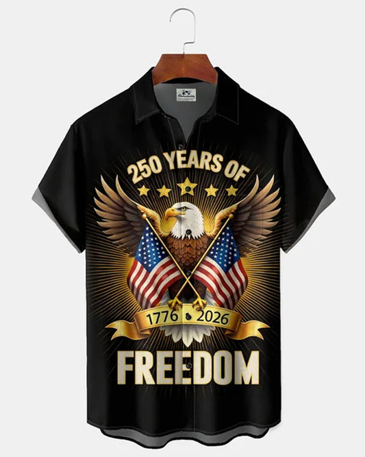 Alohadaddy® Men's Holiday 250 Years of Freedom American Eagle Print Retro Button Down Short-Sleeve Big & Tall