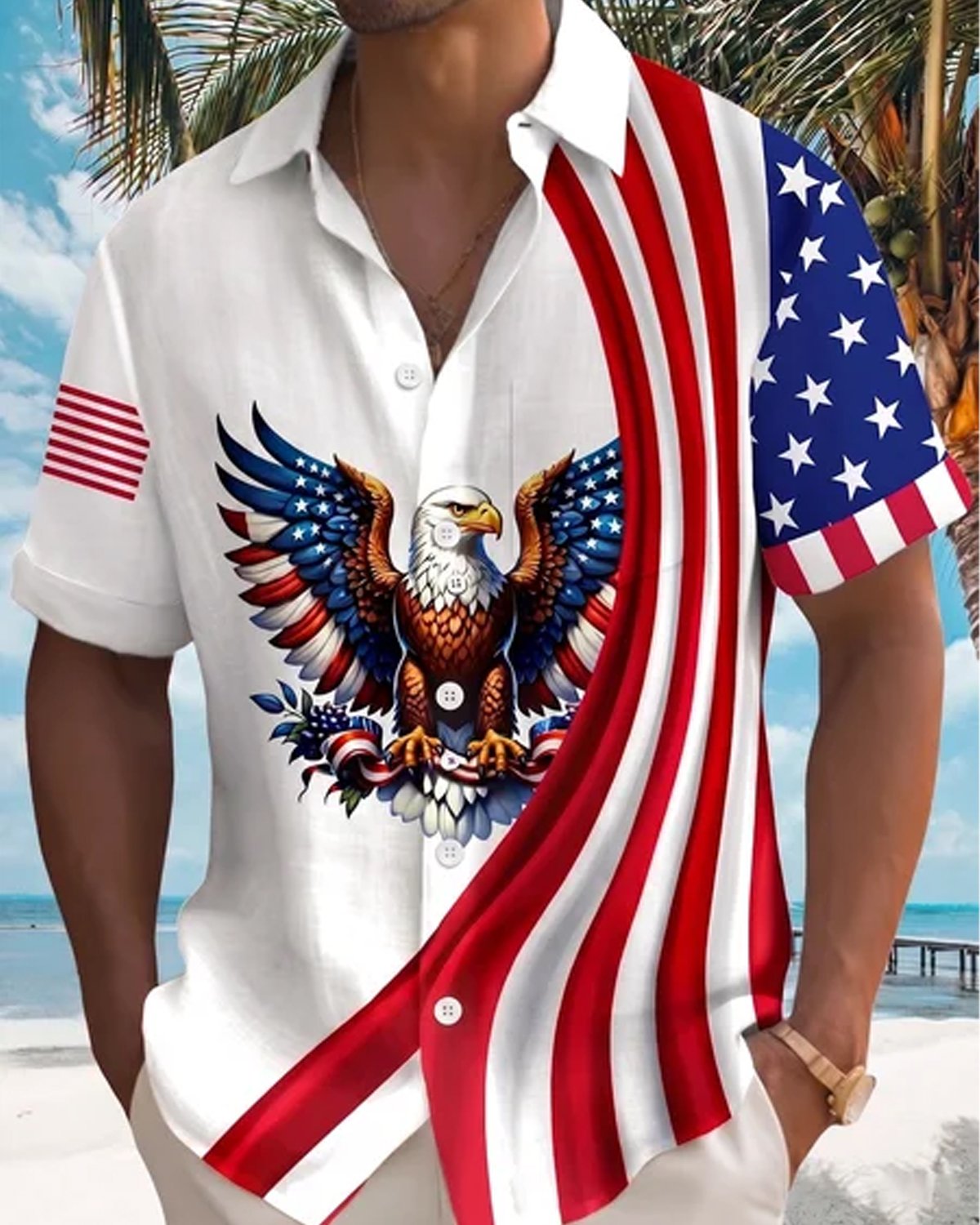 Alohadaddy® Men's Holiday 250th Majestic Bald Eagle Star-Spangled Banner Motif Asymmetric Patriotic Layout Print Retro Button Down Short-Sleeve Big & Tall