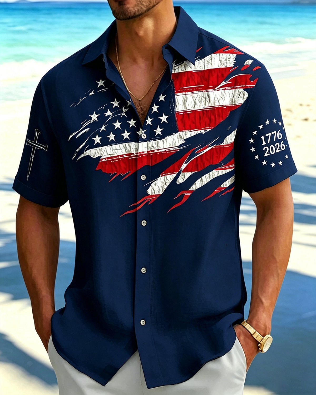 Alohadaddy® Men's Independence Day American Flag Print 250th Anniversary Short-Sleeve Shirt