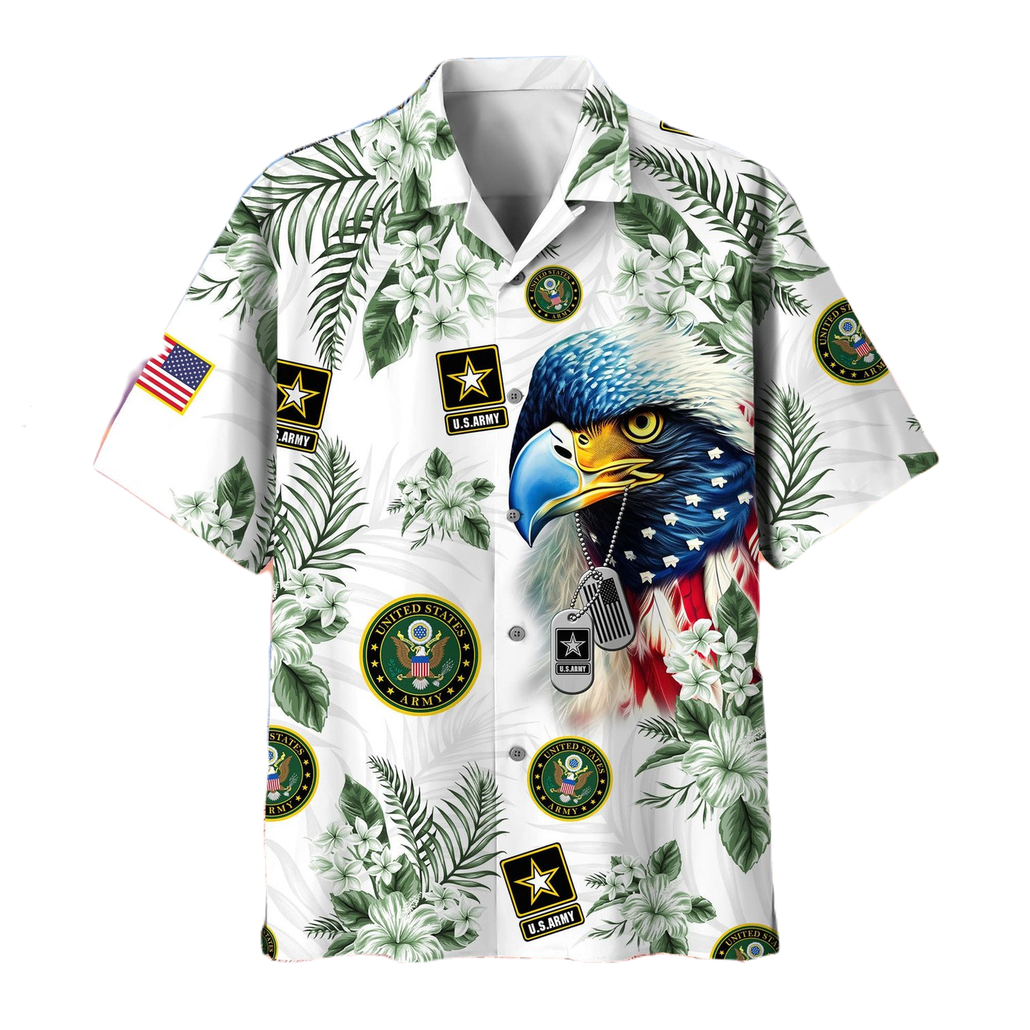 NoClaws Veteran Hawaii Shirt Eagle Tags US Army Symbol Pattern Aloha Shirt Green White Unisex