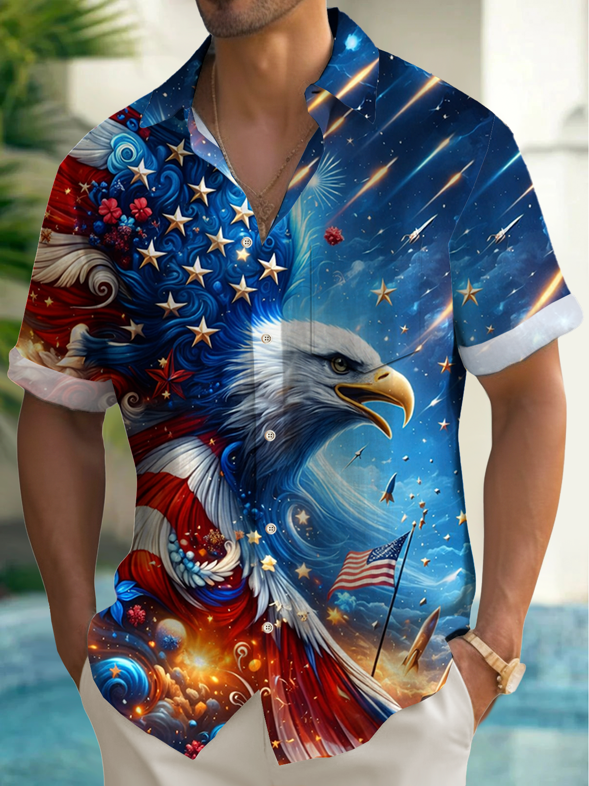 Alohadaddy® Men's Holiday Star Flag Flying Eagle Print Retro Short-Sleeve Shirt Big & Tall