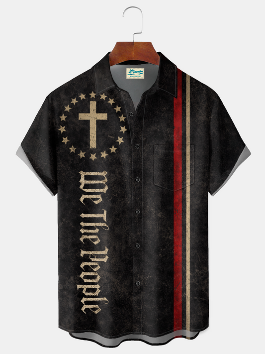 Alohadaddy® Men's Holiday Patriotic Cross We The People Christian Stars Stripes Grunge Retro Print Button Down Short-Sleeve Big & Tall