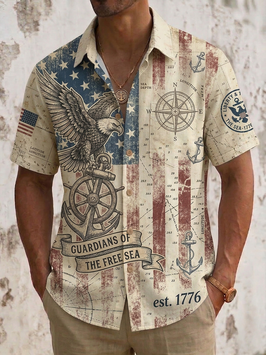 Alohadaddy® Men's Holiday USA 250th Anniversary & Vintage Nautical Graphic Patriotic Eagle Retro Print Button Down Short-Sleeve Big & Tall