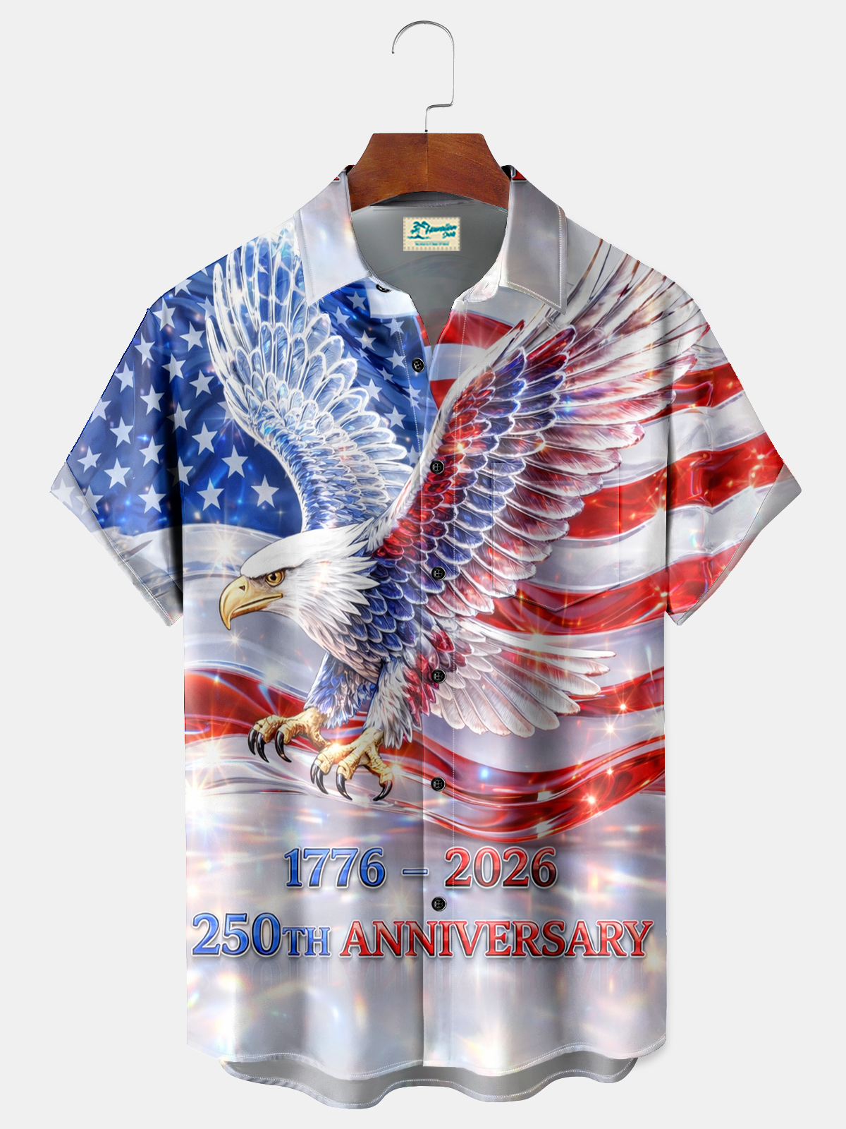 Alohadaddy® Men's  Holiday 250th Anniversary Patriotic American Glory Sparkling Eagle Flag Print Button Down Short-Sleeve Big & Tall