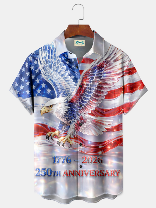 Alohadaddy® Men's  Holiday 250th Anniversary Patriotic American Glory Sparkling Eagle Flag Print Button Down Short-Sleeve Big & Tall