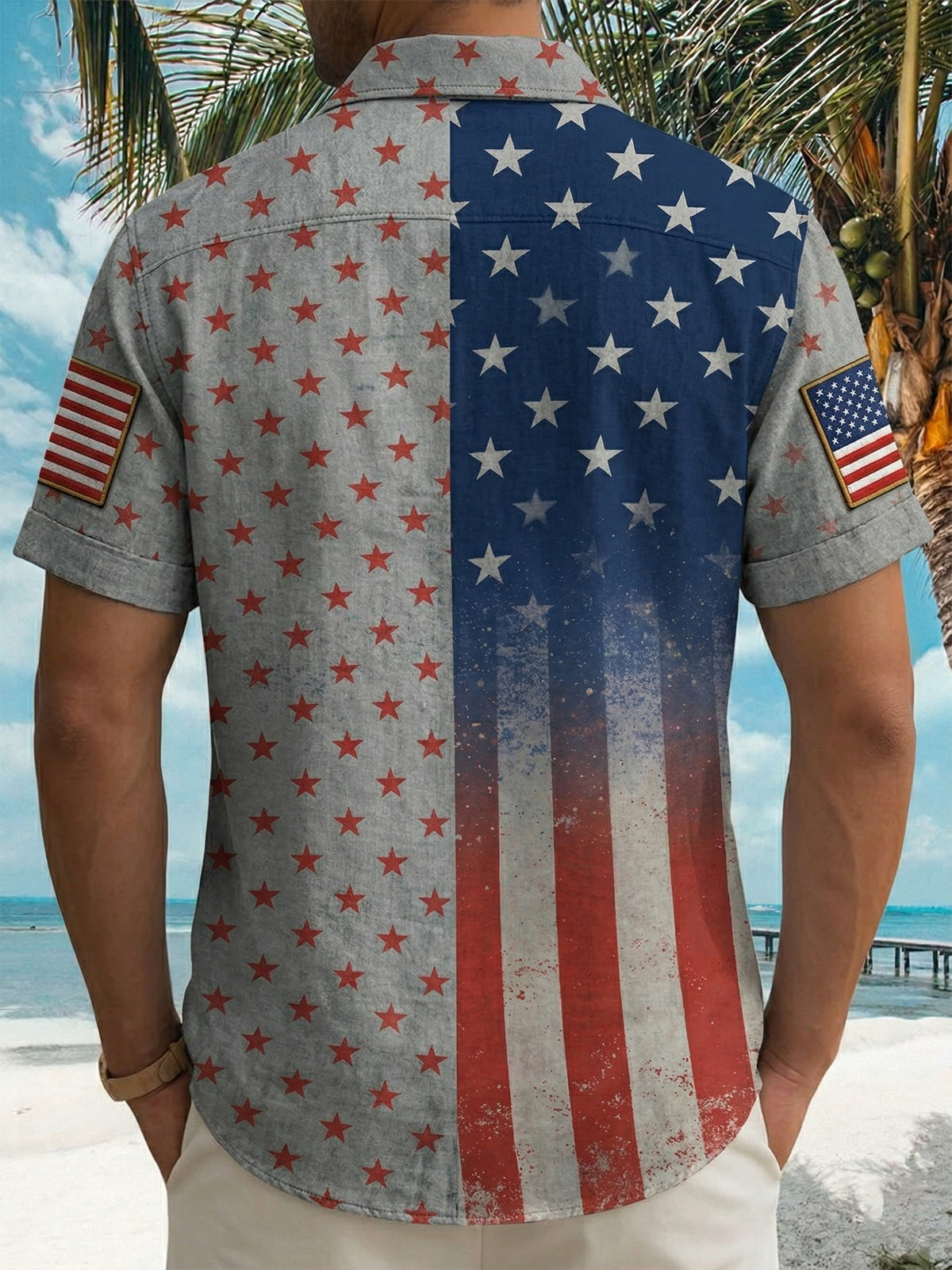 Alohadaddy® Men's Vintage 250th Anniversary Distressed Denim Eagle Shield Print Button Down Short-Sleeve Big & Tall
