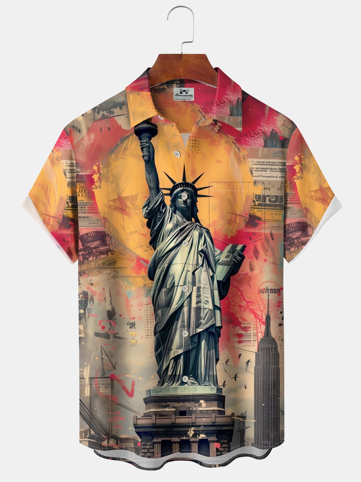 Alohadaddy Retro Casual Statue of Liberty Print Art Buttons Pockets Elastic Large Size Short Sleeve Shirt