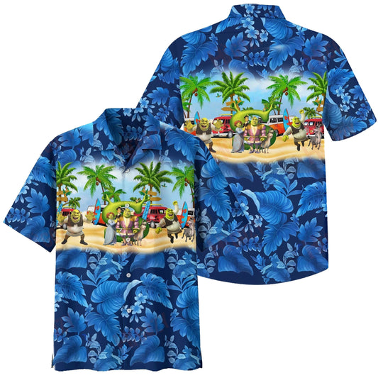 NoClaws Shrek Hawaii Shirt Shrek And Friends Tropical Leaves Aloha Shirt Blue Unisex
