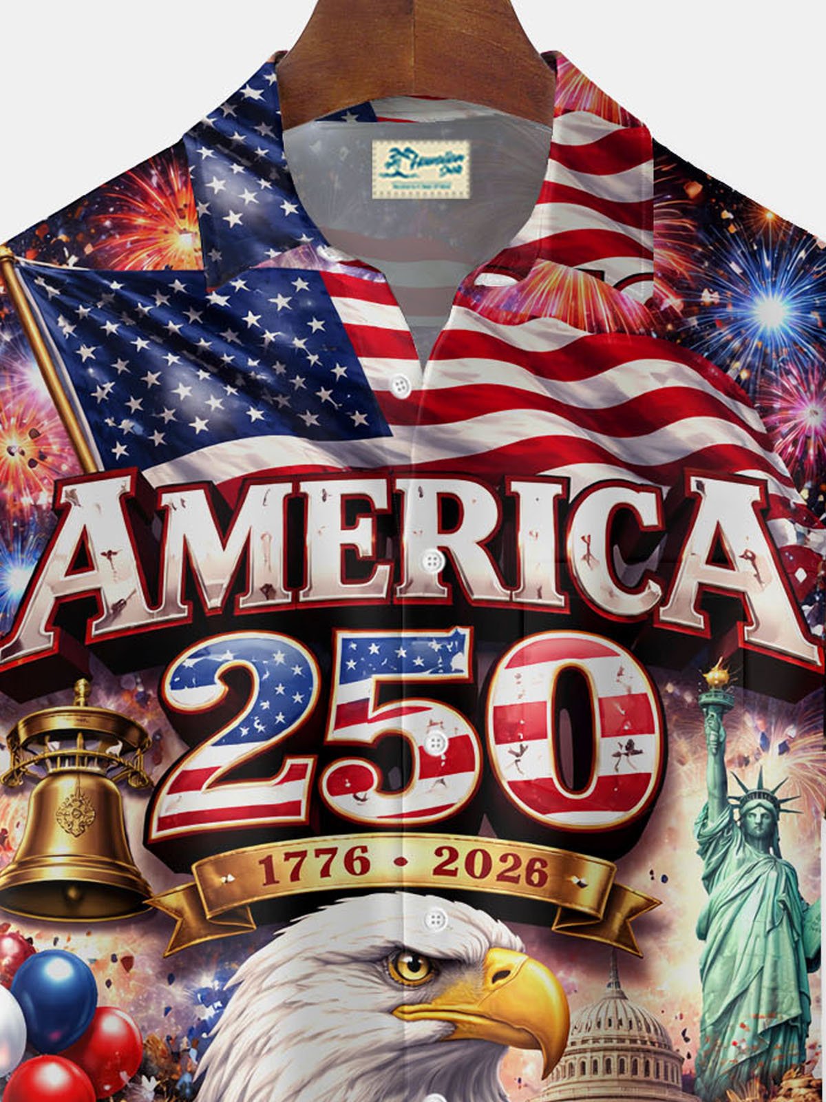 Alohadaddy® Hawaiian Retro Flag 250th Anniversary Print Men's Button-Down Short-Sleeve Shirt Big & Tall