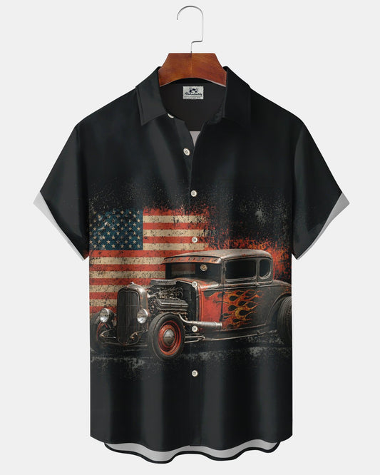 Alohadaddy® Men's Short-Sleeve Button-Down Shirt with Vintage Car Print and Chest Pocket