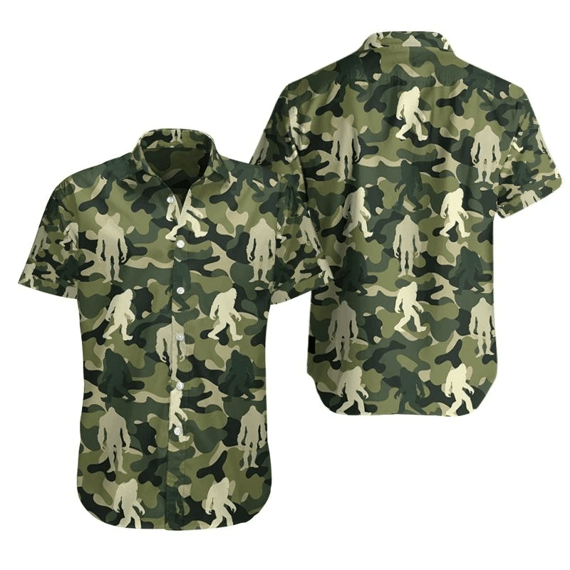 Unifinz Bigfoot Aloha Shirt Bigfoot Green Camo Hawaiian Shirt Bigfoot Hawaii Shirt 2022