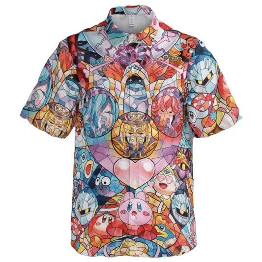 NoClaws NoClaws Kirby Hawaii Shirt Kirby Characters Stained Glass Pattern Hawaiian Shirt Colorful Unisex