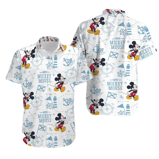 NoClaws MM Hawaii Shirt Disney MM Cruise Ship Anchor Lighthouse Pattern Hawaiian Shirt White Blue Unisex