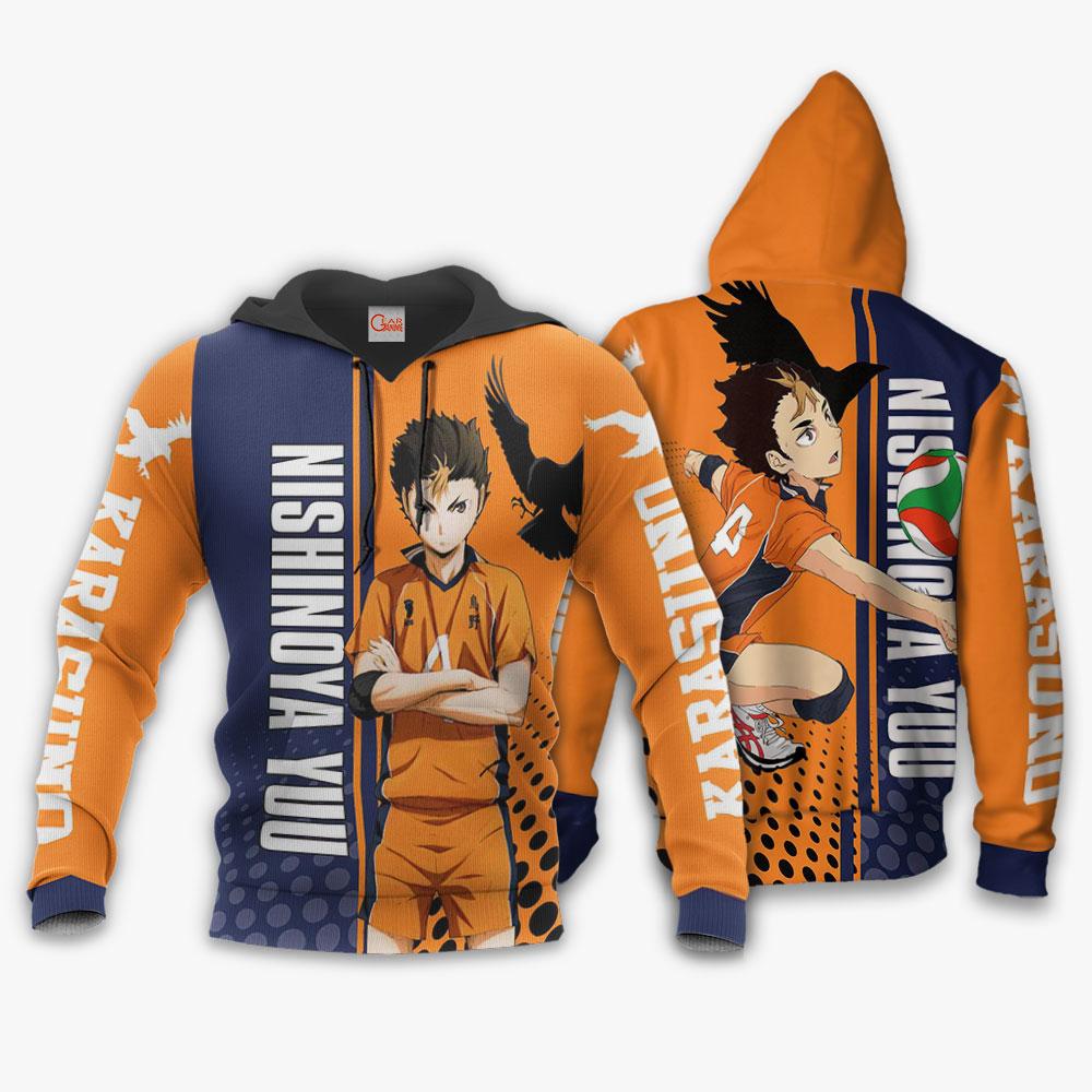 Haikyuu Hoodie Karasuno Nishinoya Yuu Playing Volleyball Orange Blue Hoodie Anime Hoodie