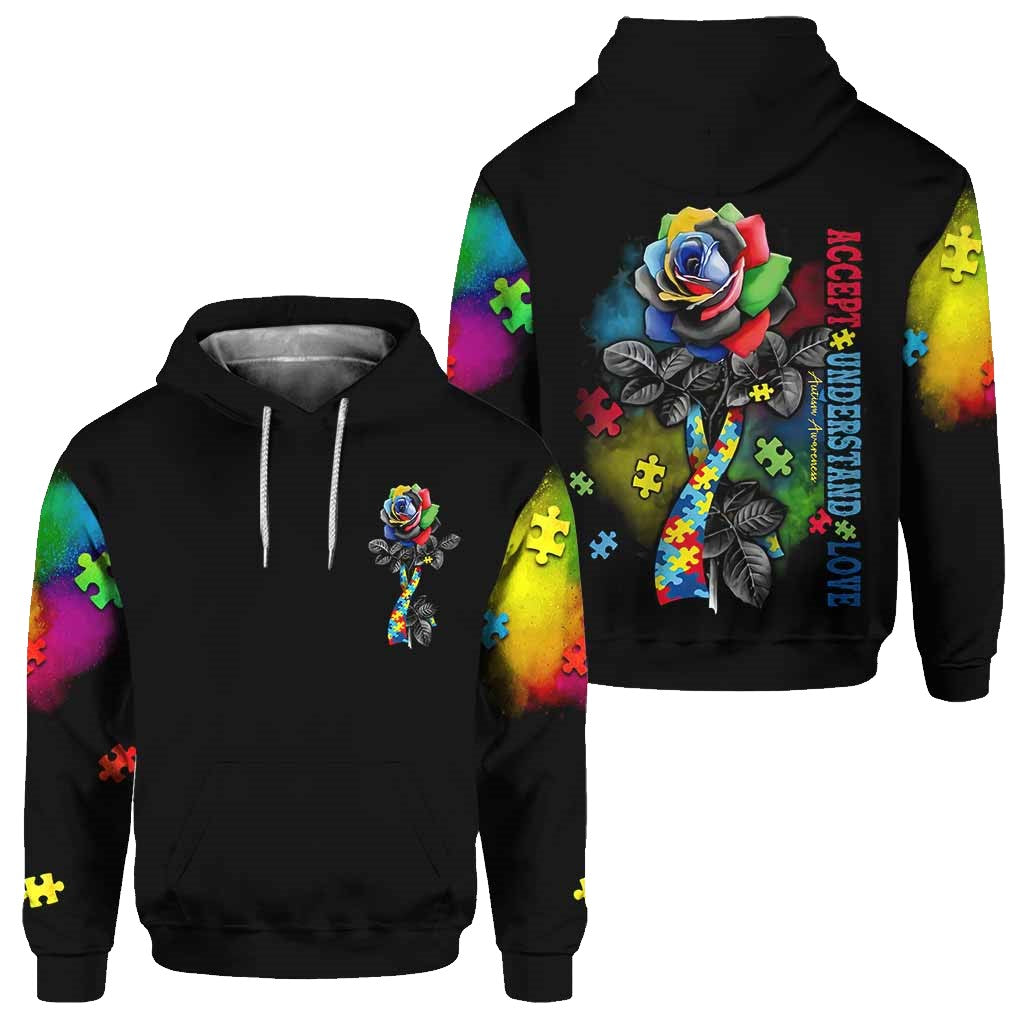 Autism Hoodie Accept Understand Love Rose Graphic T-shirt Black Unisex