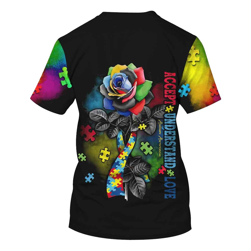 Autism Hoodie Accept Understand Love Rose Graphic T-shirt Black Unisex