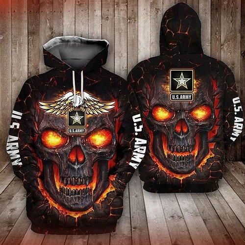 Veteran Hoodie US Army Veteran Red Fire Skull Hoodie Apparel Adult Full Size