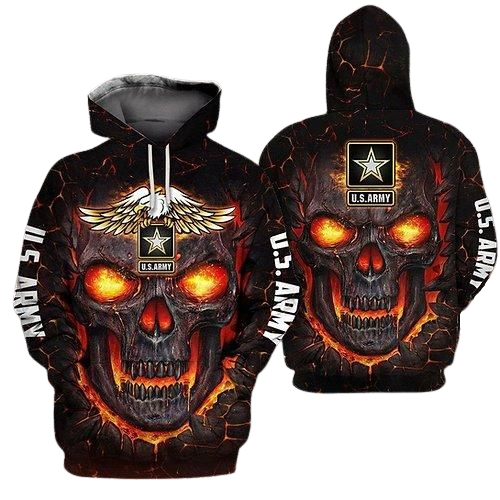 Veteran Hoodie US Army Veteran Red Fire Skull Hoodie Apparel Adult Full Size