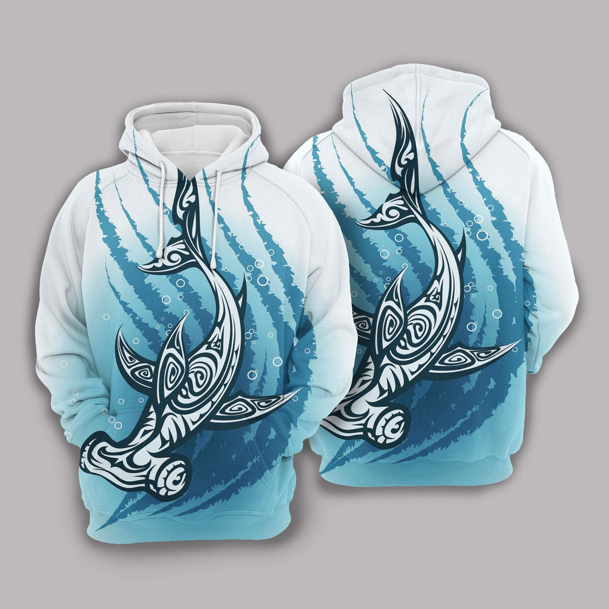 Shark Hoodie Hammerhead Shark Polynesian Style Blue White Hoodie Apparel Adult Unisex Full Print