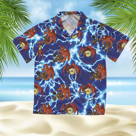  DnD Hawaiian Shirt Red Dragon With Dice Thunder Blue Hawaii Aloha Shirt