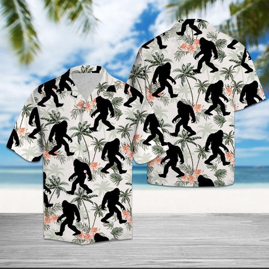 Bigfoot Hawaiian Shirt Bigfoot Black White Pattern Green Palm Tree Hawaii Aloha Shirt