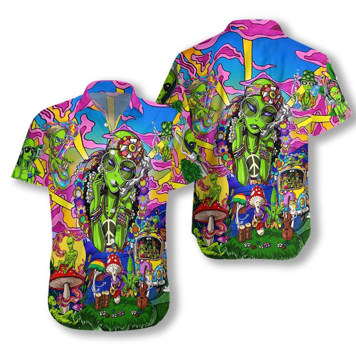 Alien Hawaiian Shirt Hippie Alien Pink Blue Green Hawaii Aloha Shirt