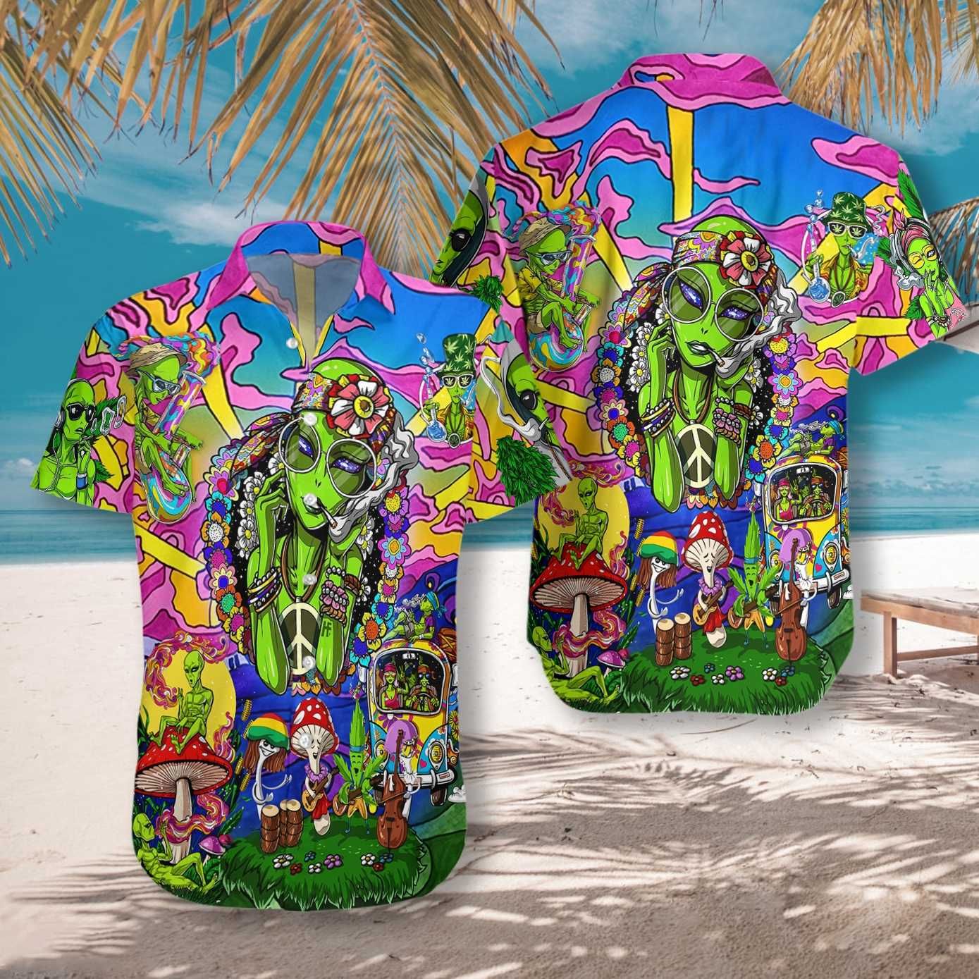 Alien Hawaiian Shirt Hippie Alien Pink Blue Green Hawaii Aloha Shirt